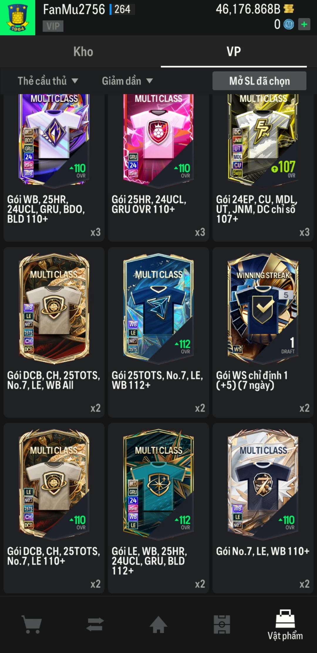 Ảnh ACC mở thẻ (LOẠI SVIP PROMAX) bao gồm có thẻ +12, thẻ Prime (có QH, CP, XS) và 1500+ đến 2000+ thẻ cầu thủ từ Siêu sao đến Miền núi các loại khác. Có sẵn BP trắng trong acc từ 40.000 tỷ BP đến 46.000 tỷ BP kèm theo nhiều ngày SVIP